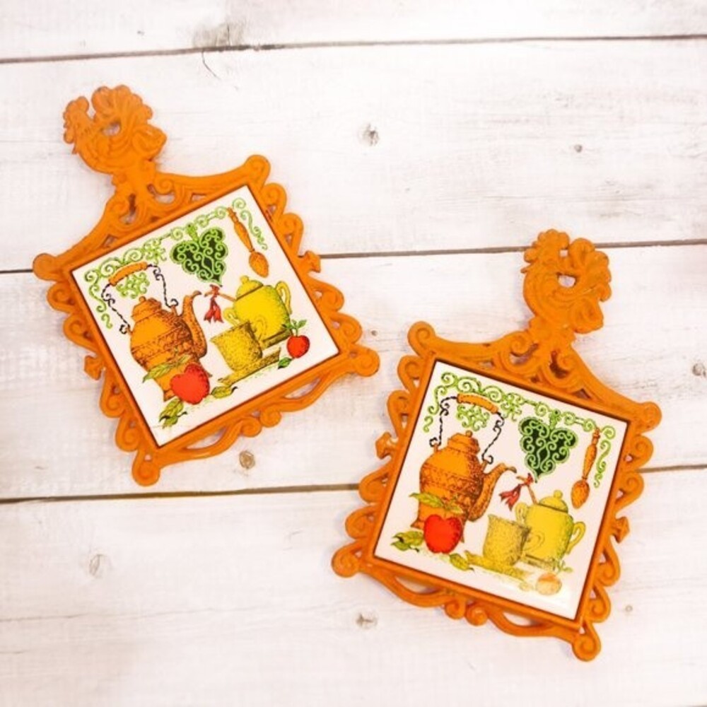 Vintage Art Mark Tile Trivet Set of 2 Orange Cast Iron with Teapot Motif